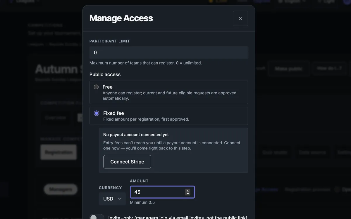 Registration settings with entry fees in the EasyChamp console