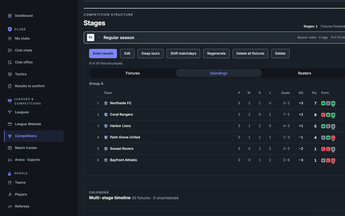 The EasyChamp organizer console with a competition schedule and standings
