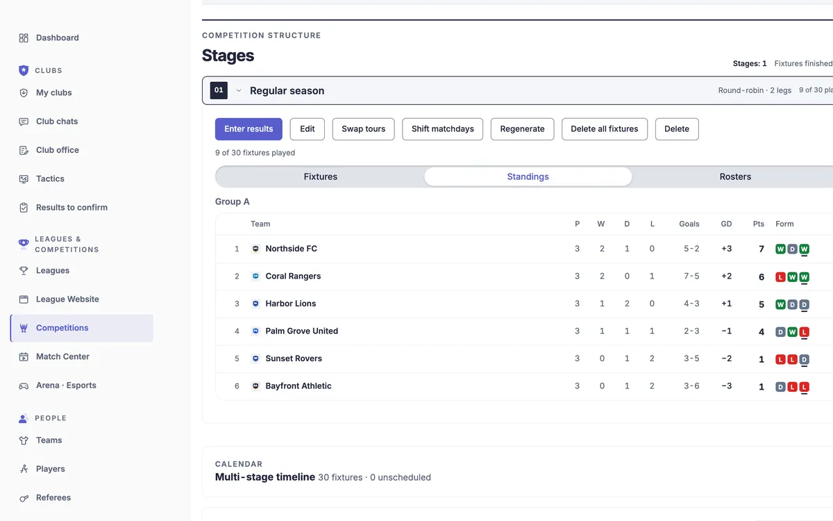 The EasyChamp organizer console with a competition schedule and standings